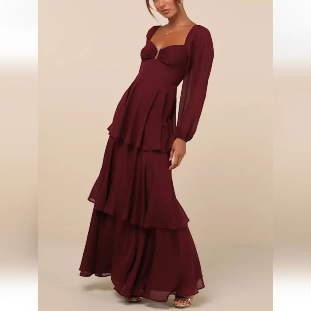 Lulus Tier to Enchant NWT Burgundy Long Sleeve Tiered Maxi Dress